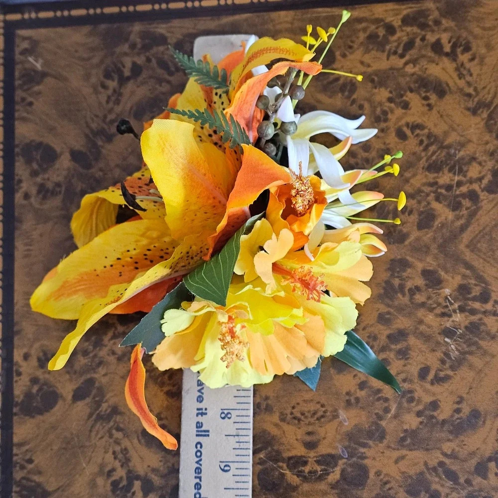 Tropical Hibiscus Lily Hair Flower‎ Clip Orange Yellow Tiki Pinup Rockabilly